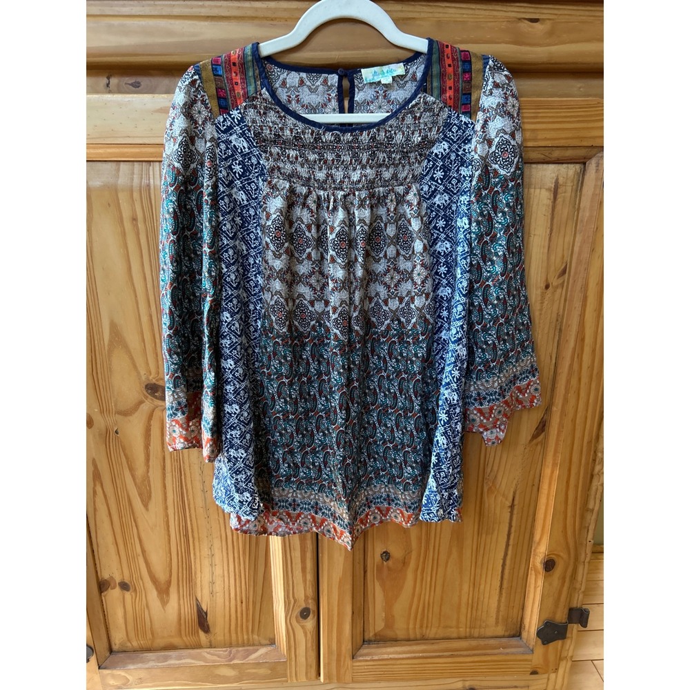 Altar'd State Mixed Print Boho Smocked Blouse Blue Orange Paisley  Small